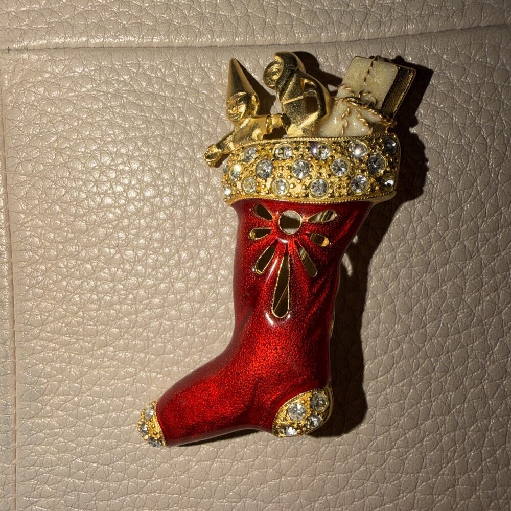 Vintage Red Enameled Christmas Stocking Brooch Filled Toys Gold Tone Rhinestones